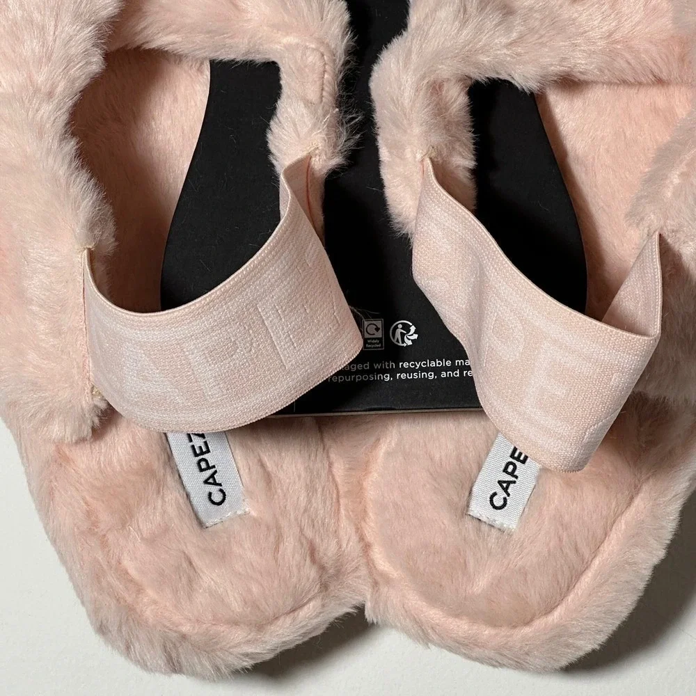 8 Capezio Pink Faux Fur Cross Strap Slippers with Logo Elastic Back Strap Size M