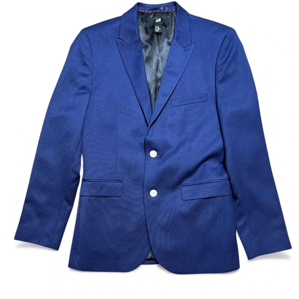 H&M Mens Blue Textured Slim Fit Blazer Suit Jacket Size 38R Preppy 2 Button Work