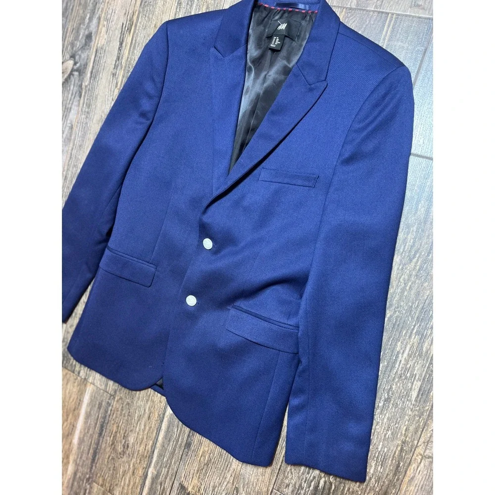 H&M Mens Blue Textured Slim Fit Blazer Suit Jacket Size 38R Preppy 2 Button Work
