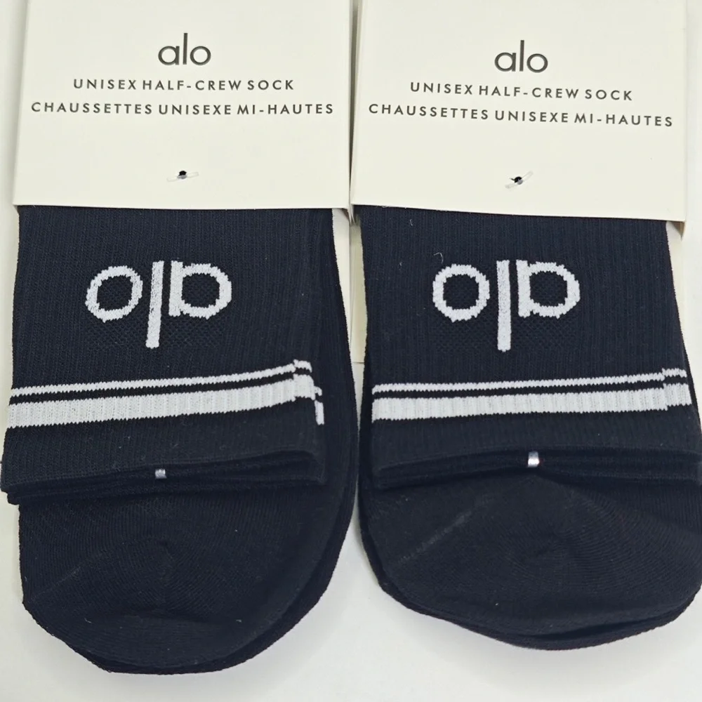 ALO Yoga Black Half-Crew Socks with White Logo and Stripes