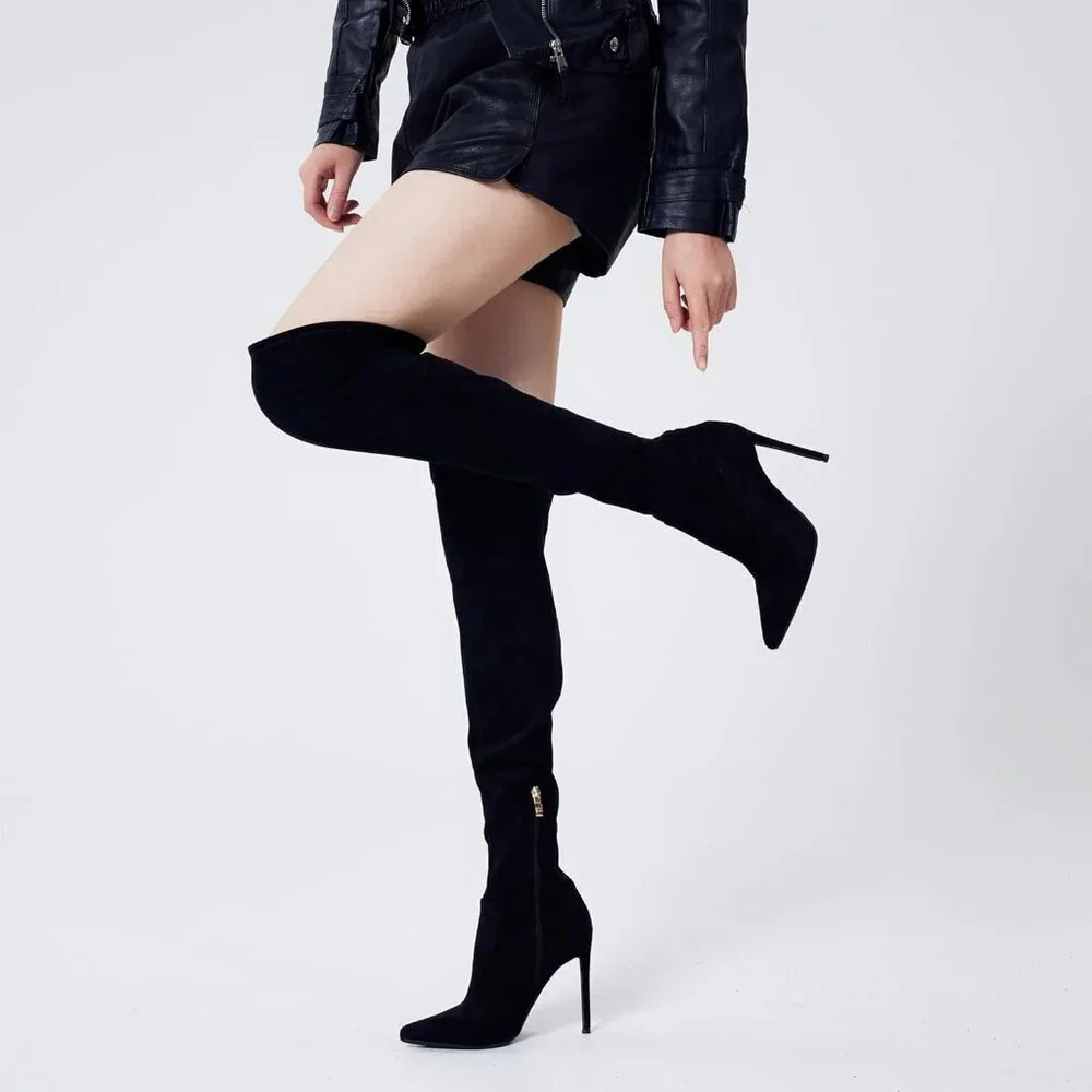 Women Black Suede Pointed Toe 4.3 inch Stilettos Thigh High Heels Stretch Boots