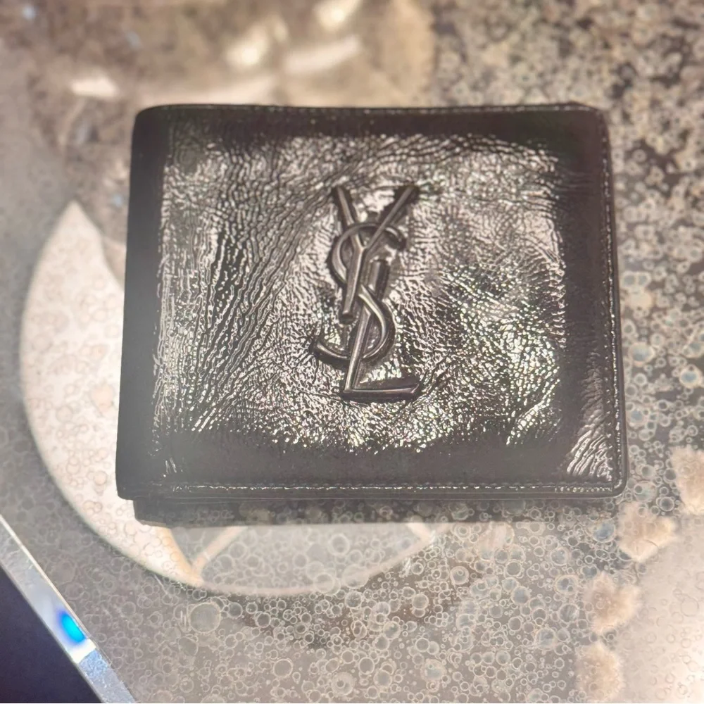 Saint Laurent Black Patent Leather Money Clip Wallet with YSL Logo