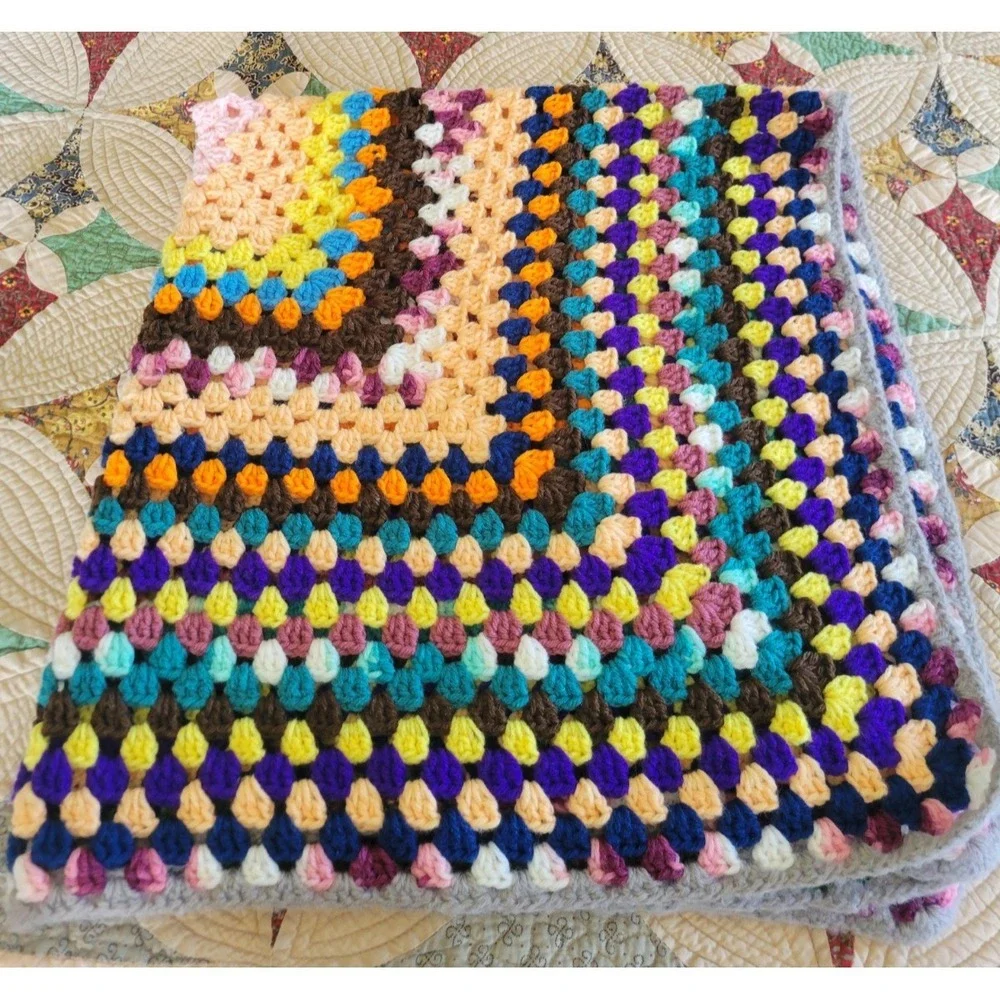 Retro Crochet Granny Square Lap Blanket Multicolor Handmade Afghan 40x40