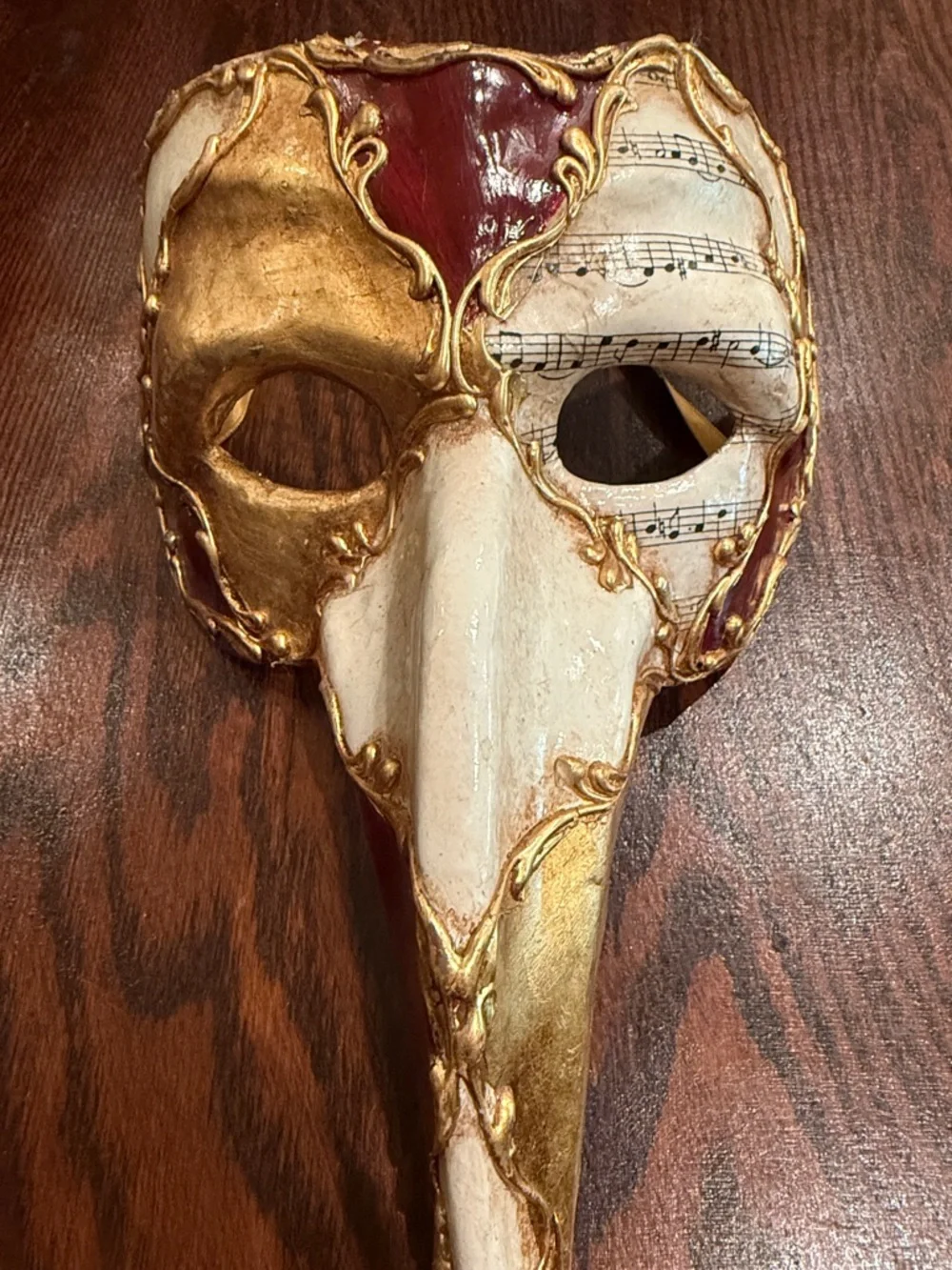 Venetian Plague Doctor Mask Gold Red Music Notes Masquerade Decor