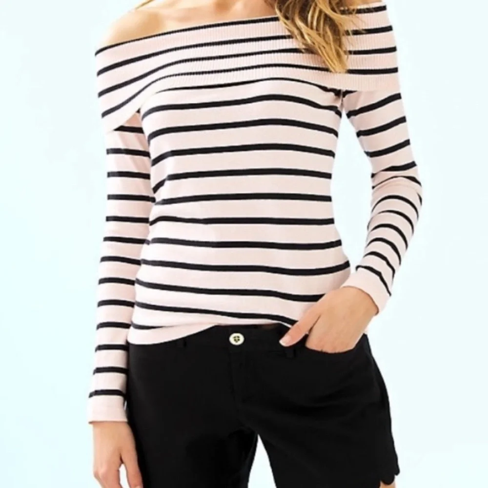 Lilly Pulitzer Off-Shoulder Small Clarette Sweater in Pink and Black Stripes