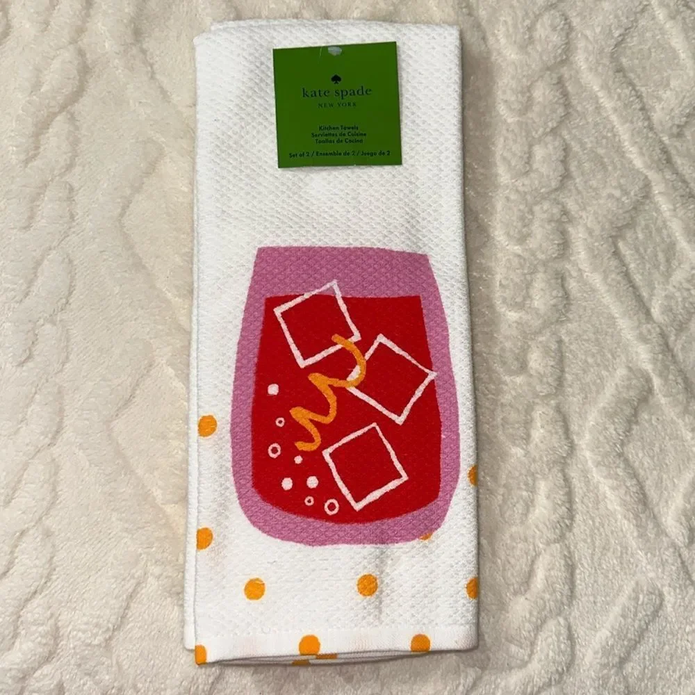 kate spade Cocktail Glass Ice Bubbles Orange Peel White Cotton Kitchen Towels