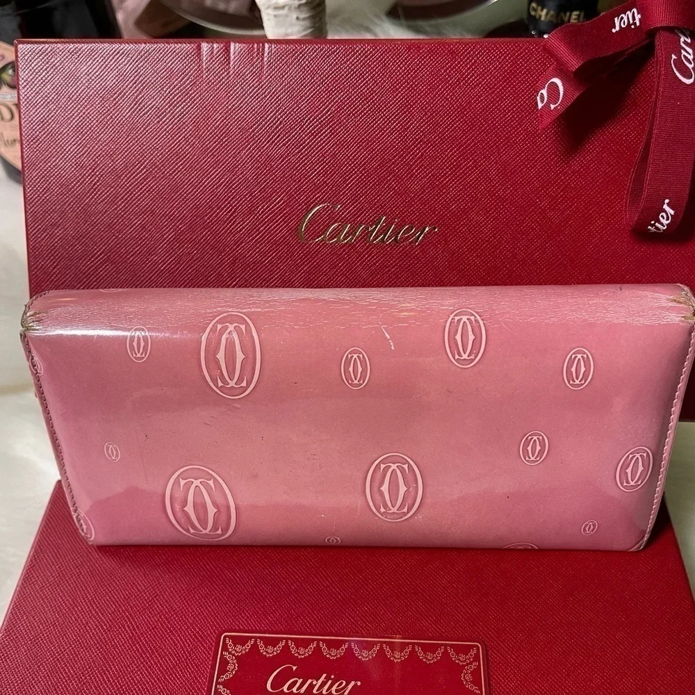 CARTIER MUST DE CARTIER HAPPY BIRTHDAY PINK PATENT LEATHER WALLET AUTHENTIC