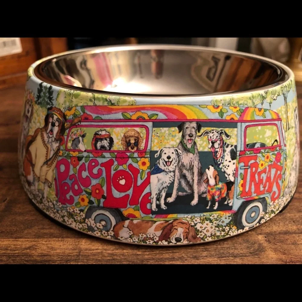 NWT Bamboo Fiber Dog Bowl w/ Stainless Bowl, Non Skid, Peace Love Treats Design