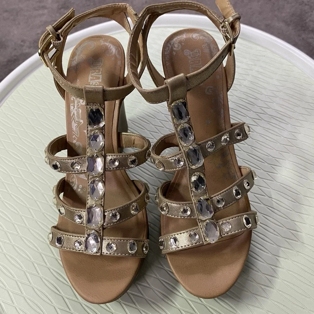 BRASH STRAPPY WEDGE HEELS SHOES SIZE 7‎ GOLD STRAPS WITH RHINESTONES 4