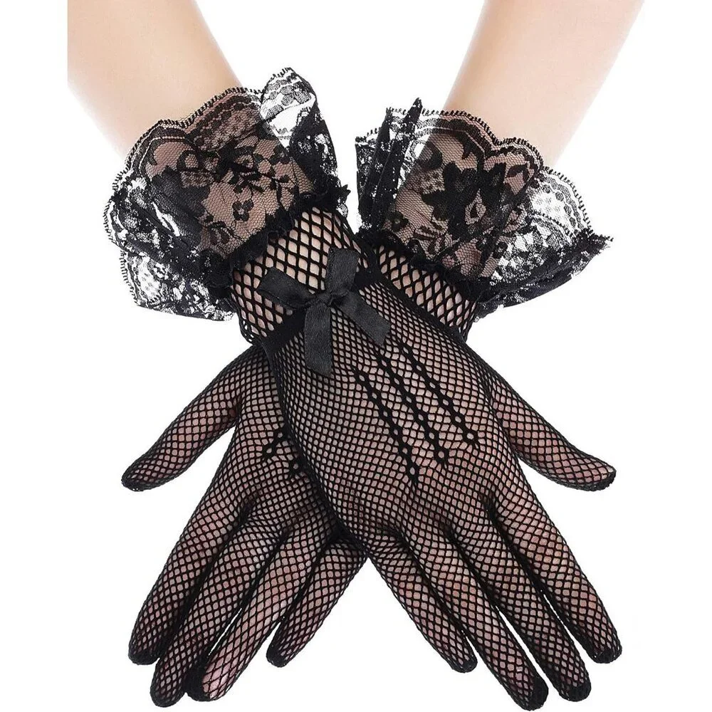 Women's Elegant Black Short Bow Style Lace Gloves Dinner Wedding Party Tea Prom