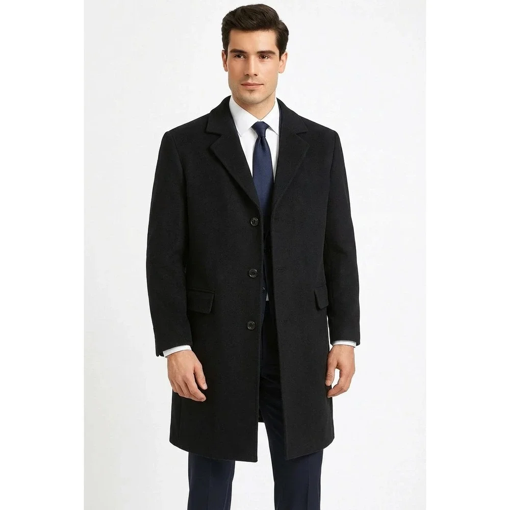 H&M Wool Blend Overcoat Mens XL Black Long Peacoat Trench Old Money Minimalist