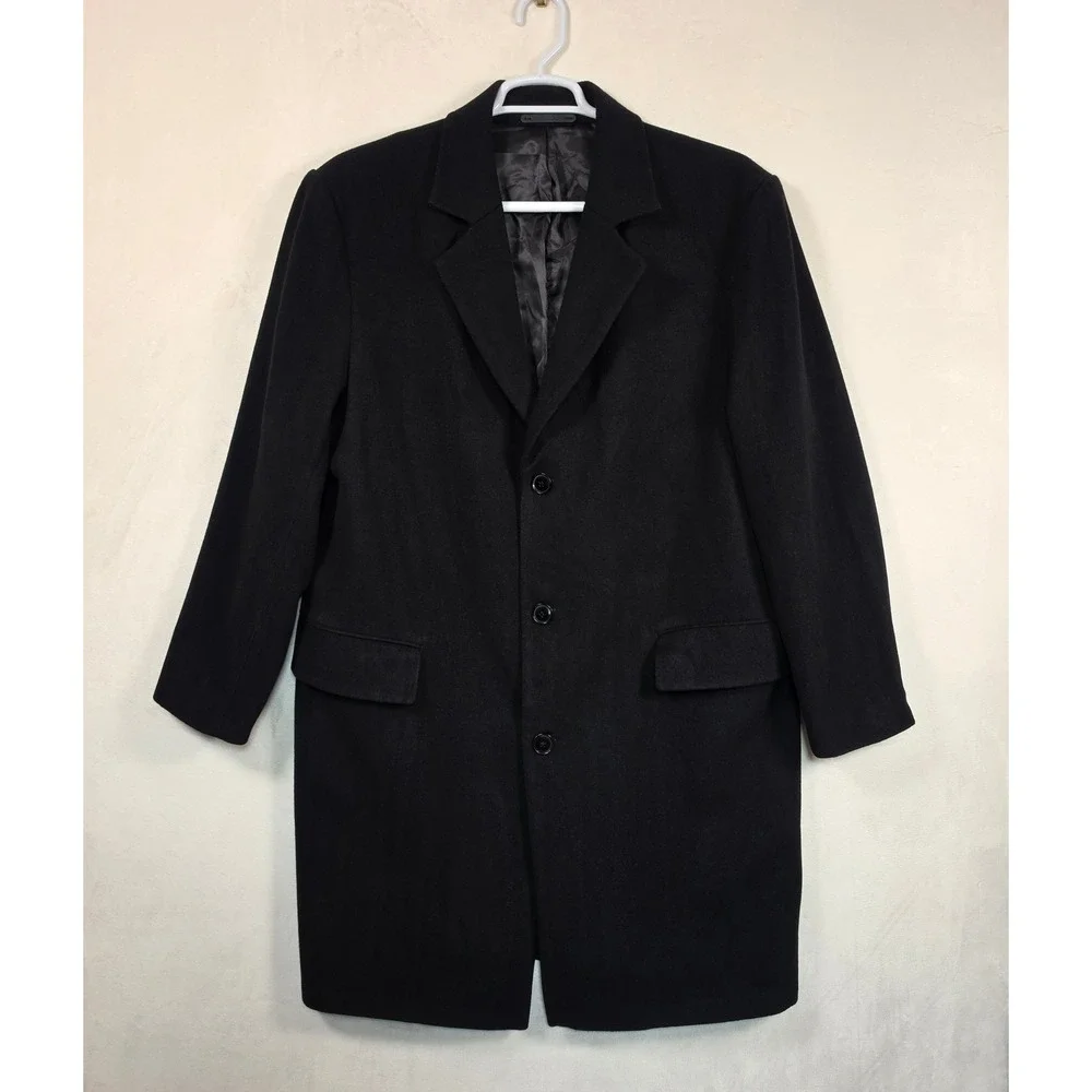 H&M Wool Blend Overcoat Mens XL Black Long Peacoat Trench Old Money Minimalist