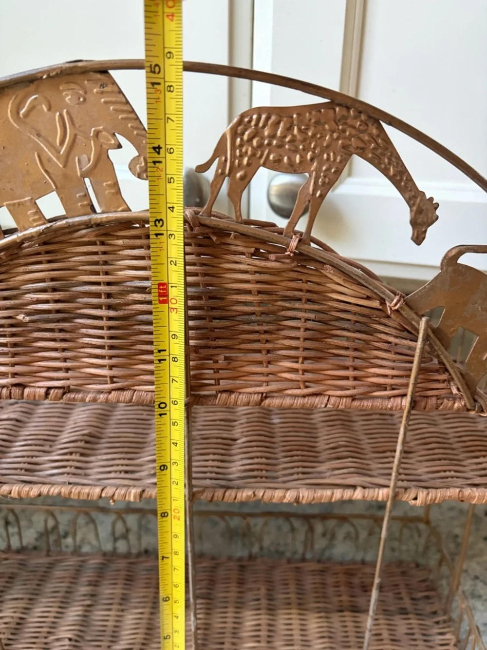 Vintage 2 tier Wicker Rattan and Metal Shelf Safari animal theme
