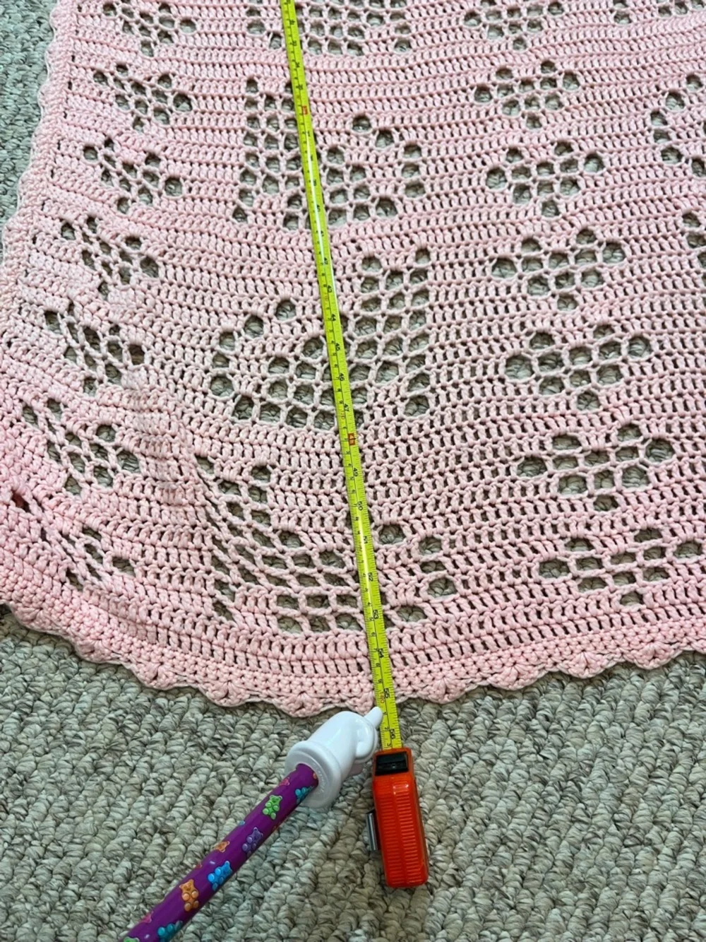 Handmade Pink Crochet Filet Baby Blanket Heart Kitty Cat Pattern Scalloped Trim