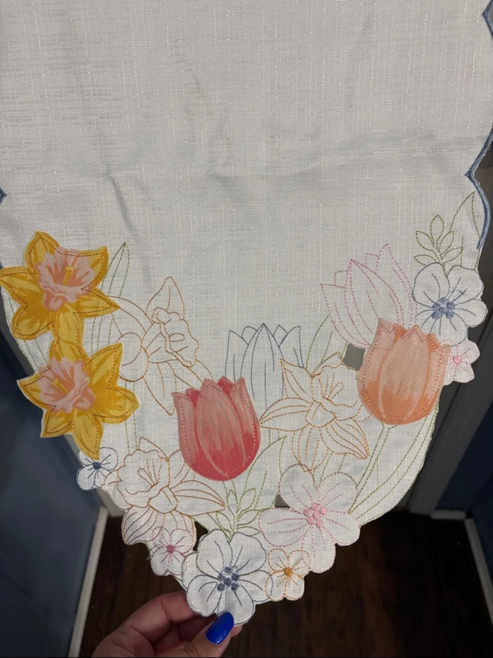 White Scalloped Floral Embroidered Table Runner with Blue Trim