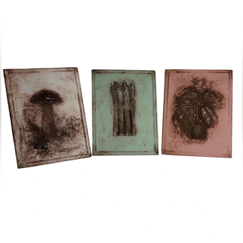 Botanical Relief Tiles Set of 3 Vintage 1990s Richard Abbott Evergreen Pottery