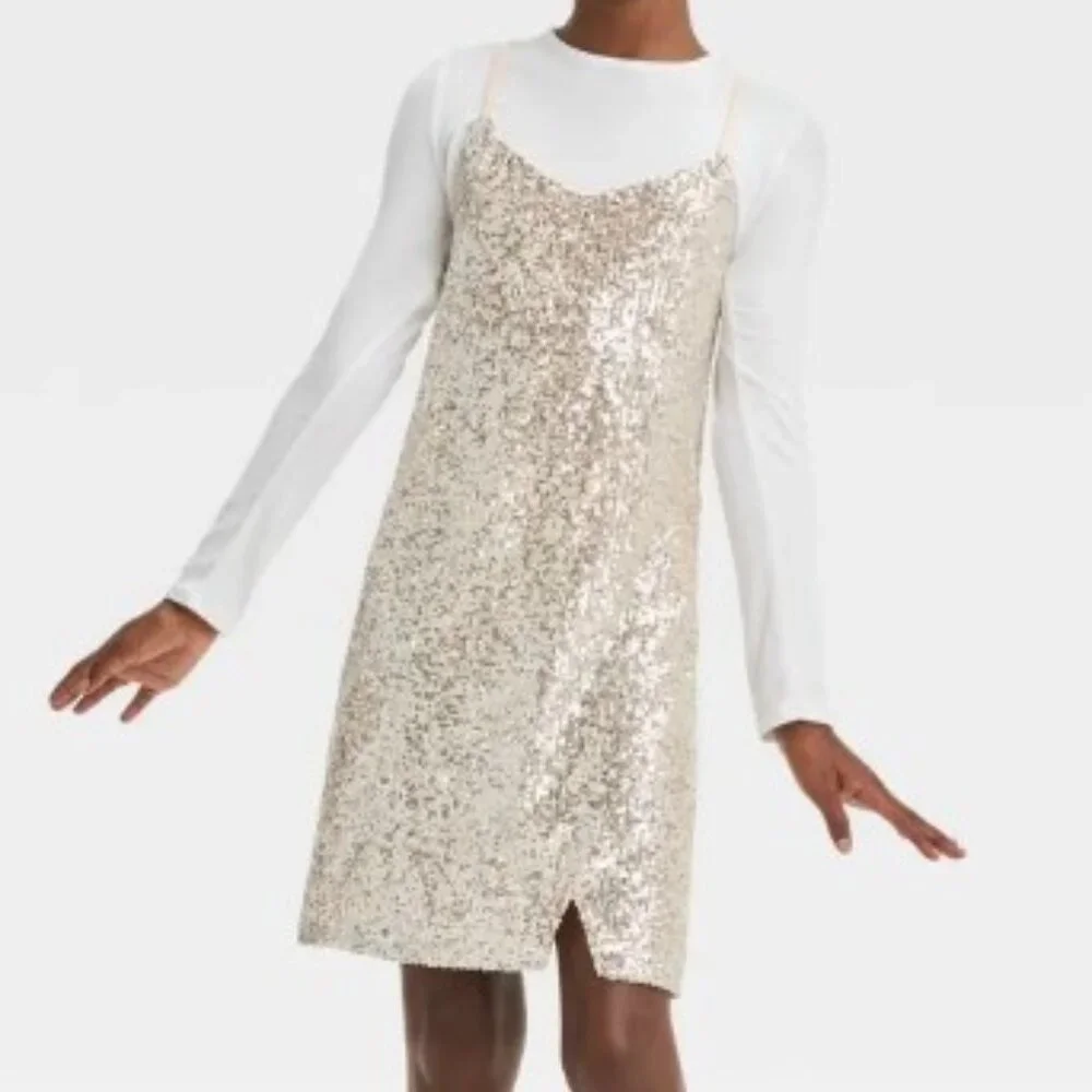 Girls Size 10/12 Art Class Sequin Sparkle Neutral Cream Beige Dress with Shirt