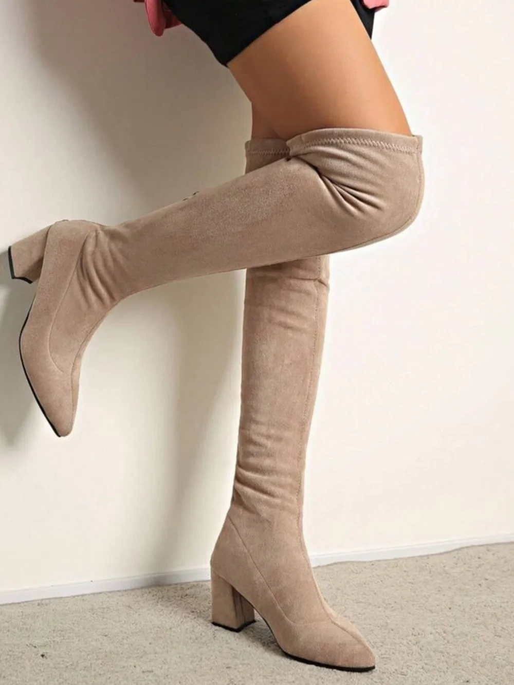 Beige Over-The-Knee Suede Boots – Chunky Heel Thigh High Boots - 9.5