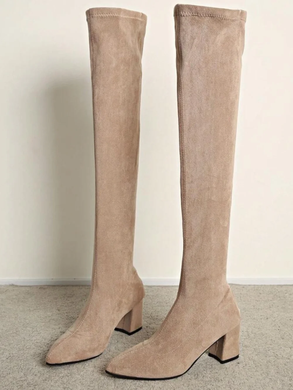 Beige Over-The-Knee Suede Boots – Chunky Heel Thigh High Boots - 9.5