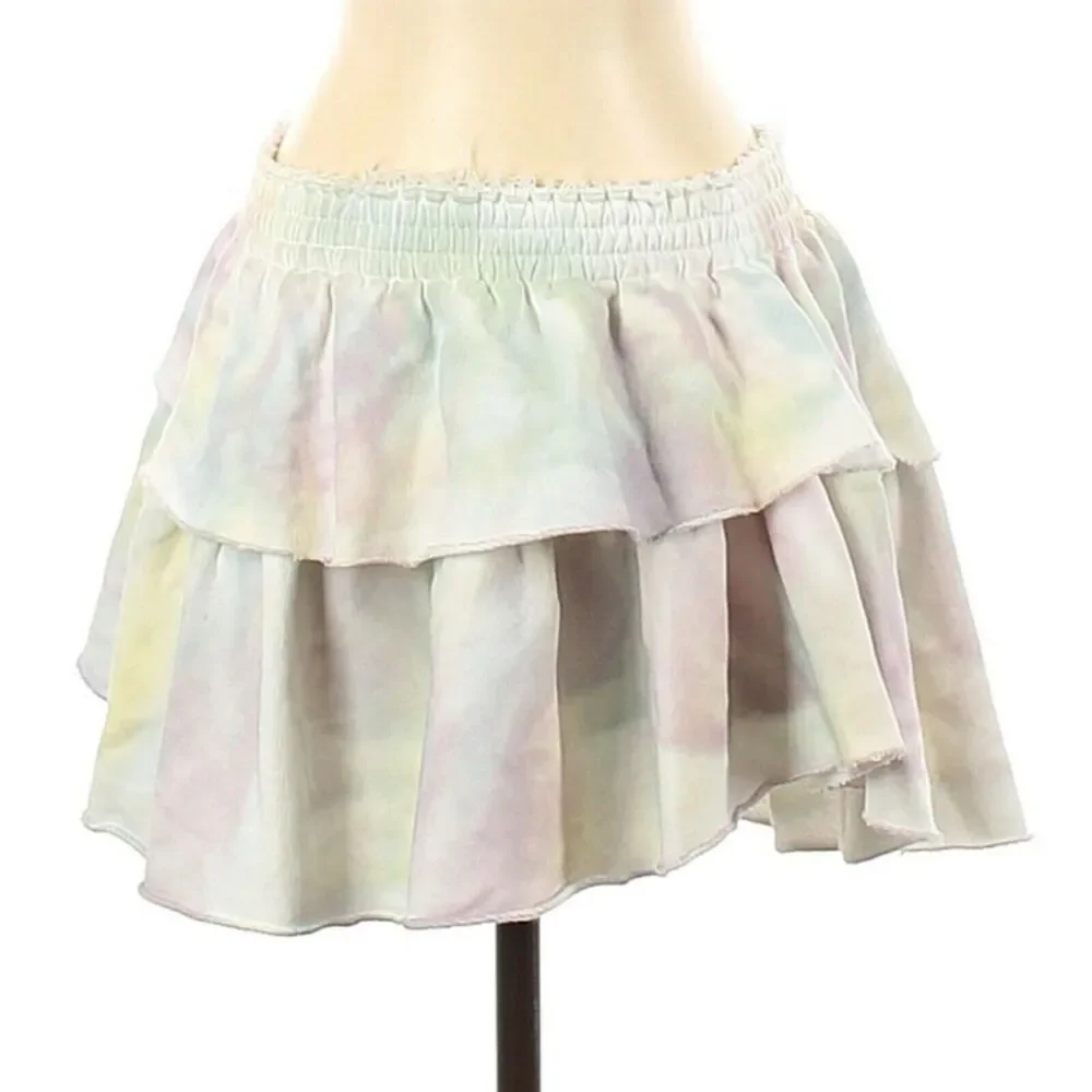 LOVESHACKFANCY pastel ruffle tie dye cotton tiered mini skirt in unicorn Size XS