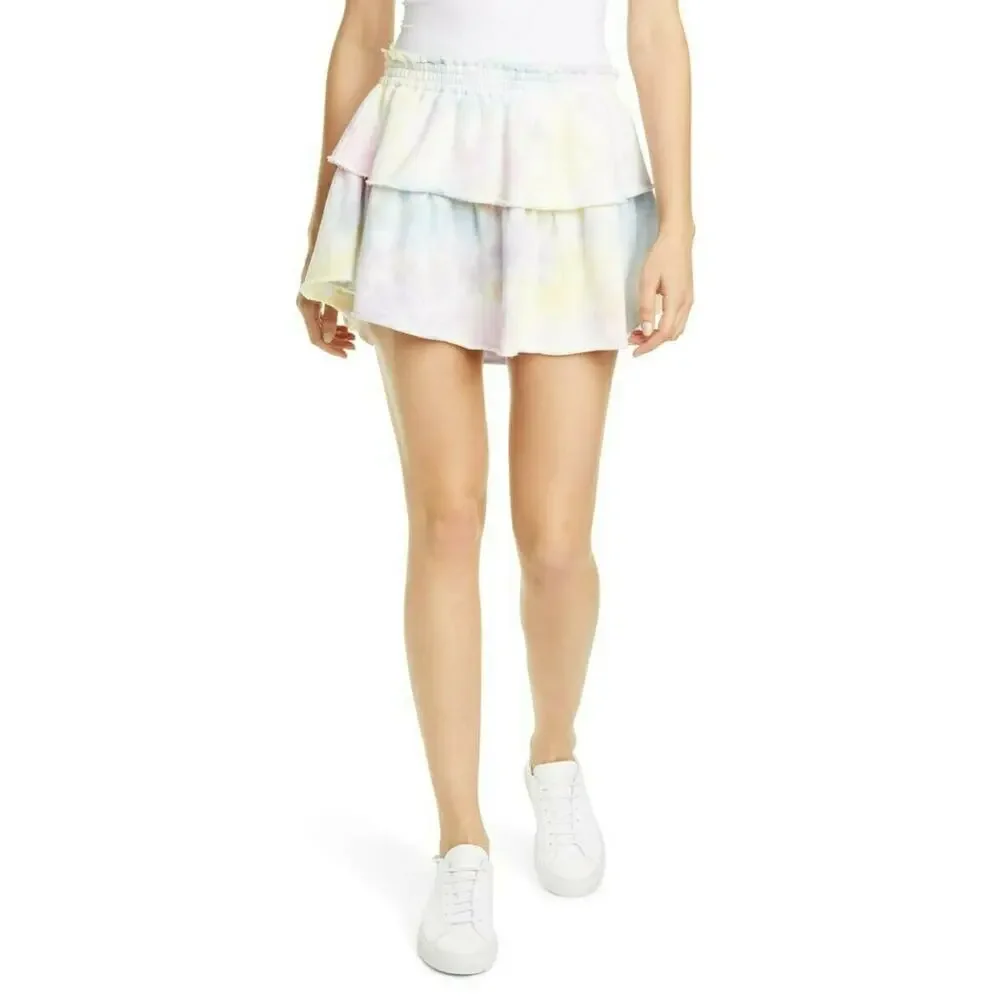 LOVESHACKFANCY pastel ruffle tie dye cotton tiered mini skirt in unicorn Size XS