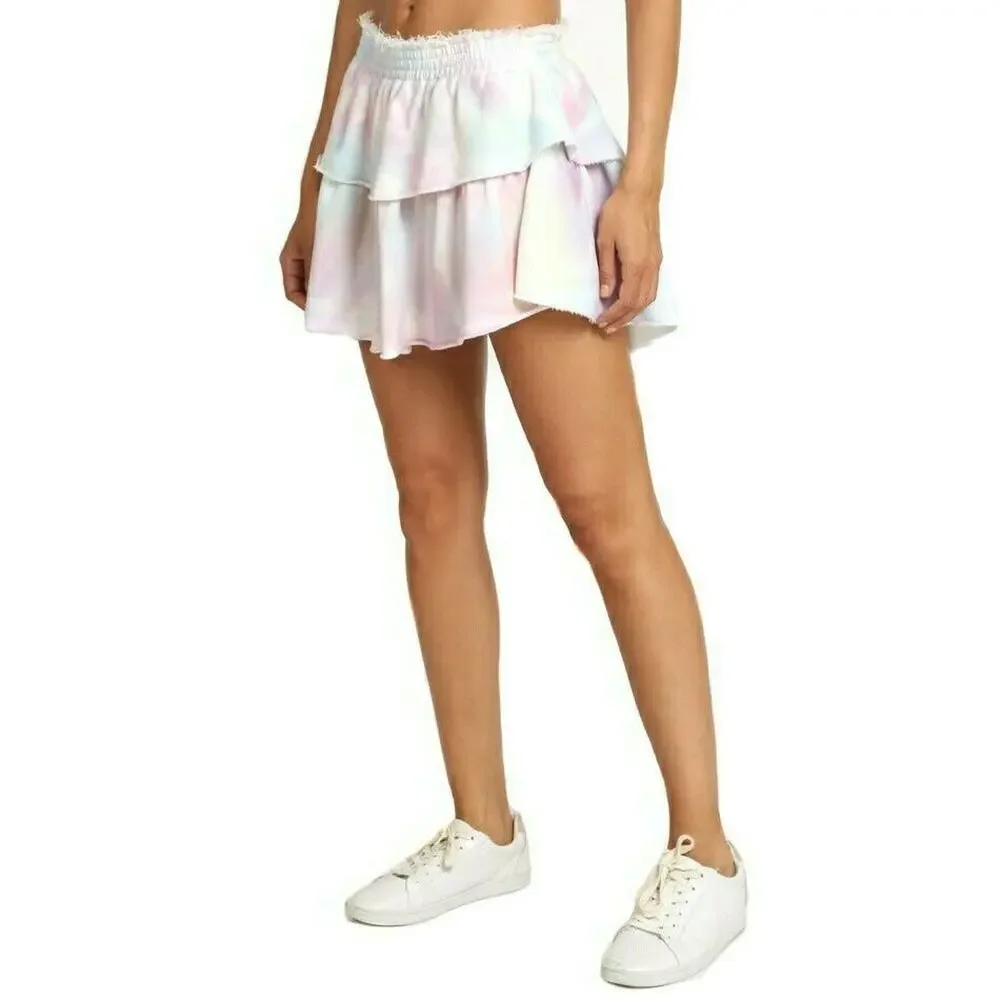 LOVESHACKFANCY pastel ruffle tie dye cotton tiered mini skirt in unicorn Size XS