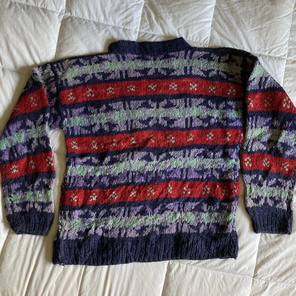 Vtg 100% Wool Ecuadorian Chunky HandKnit Sweater Mens L Fair Isle Rustic Cabin