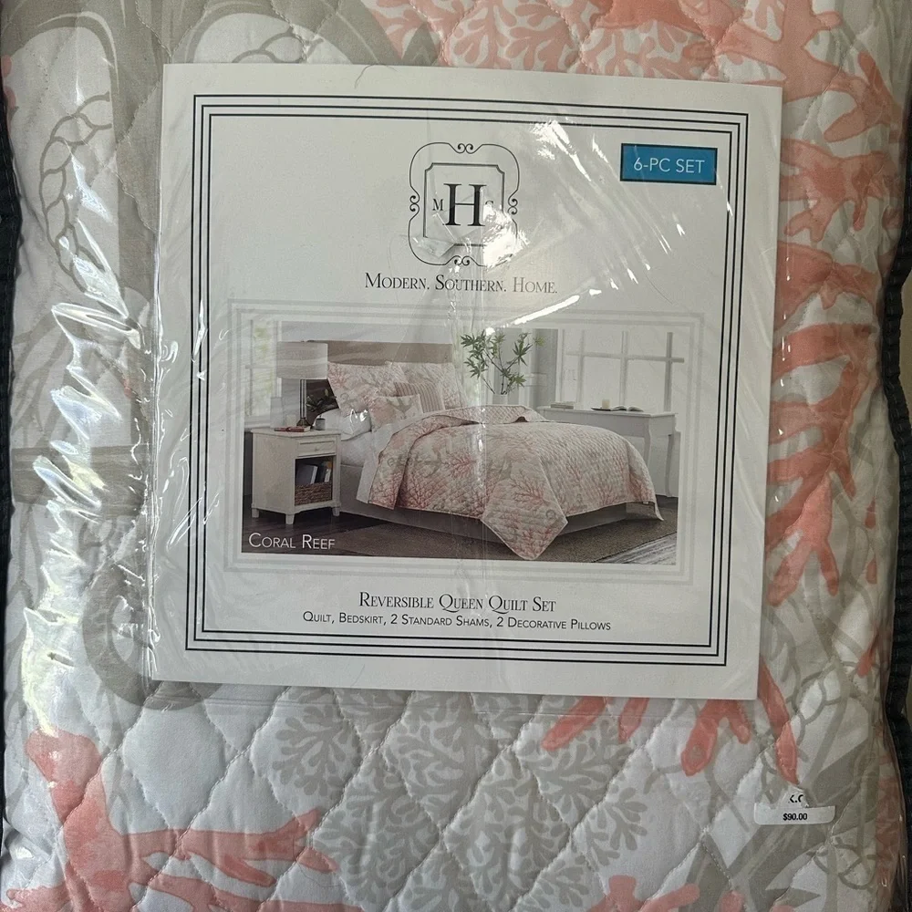 Reversible Queen Quilt Set 6-Piece Coral Reef Coral and Gray NWT