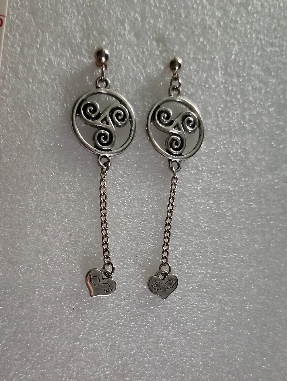 Hand Crafted Silver Swirl Drop Earrings with Heart Charm