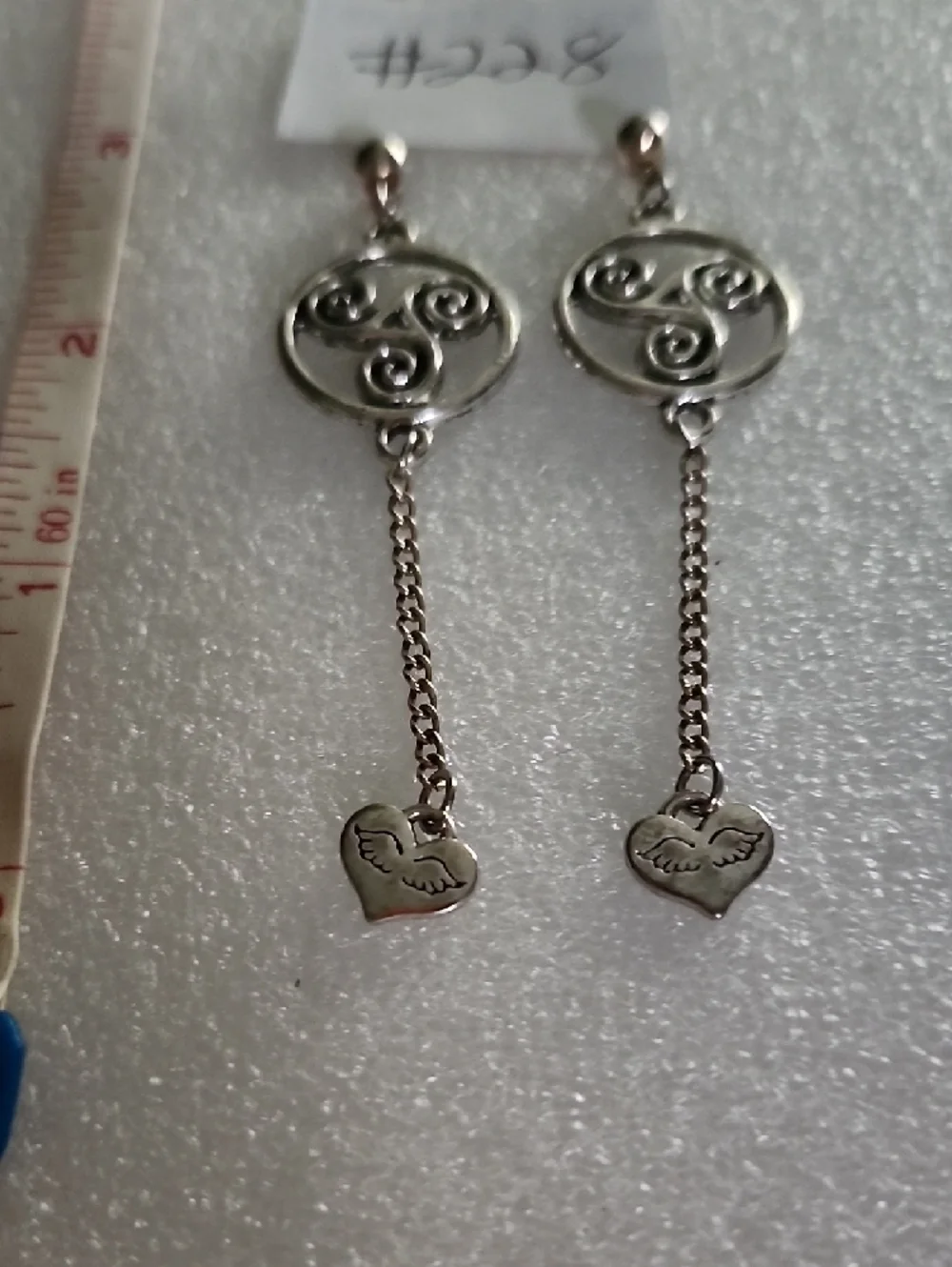 Hand Crafted Silver Swirl Drop Earrings with Heart Charm