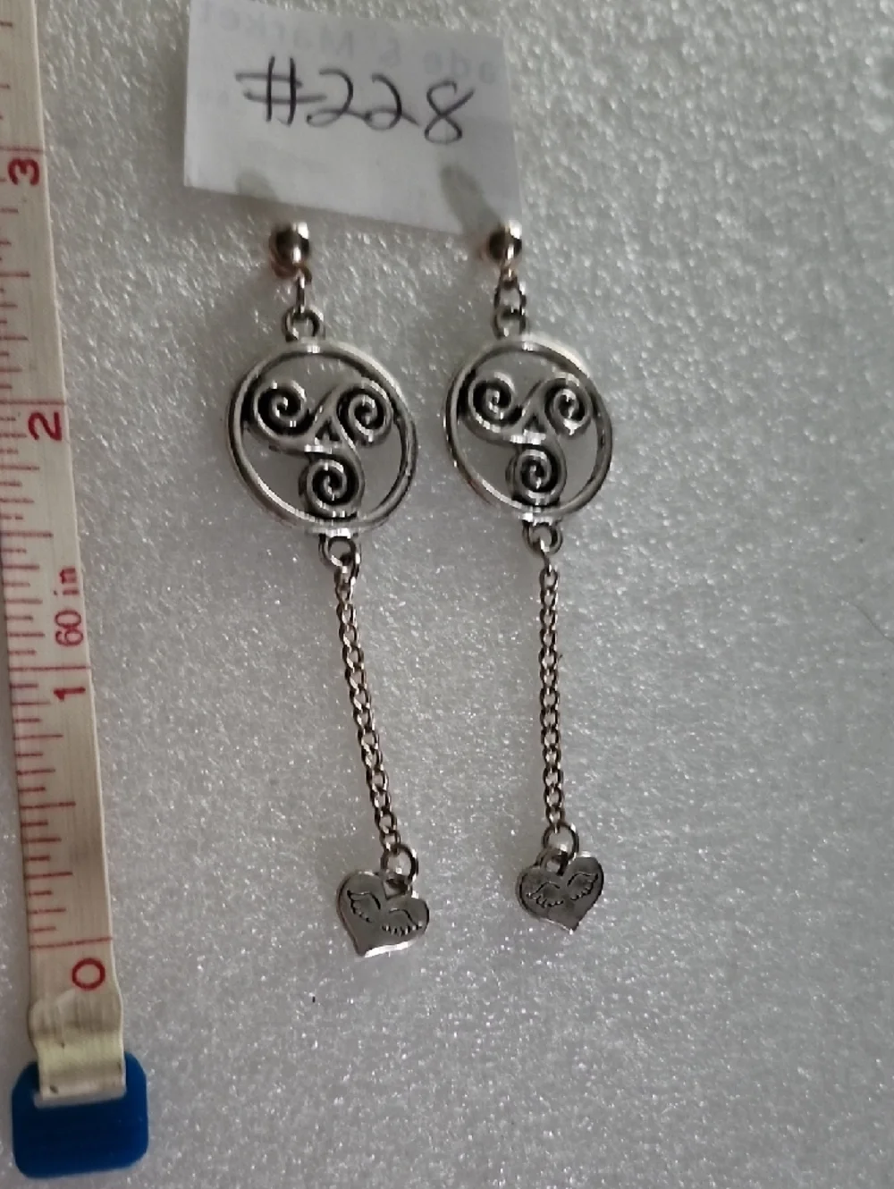 Hand Crafted Silver Swirl Drop Earrings with Heart Charm