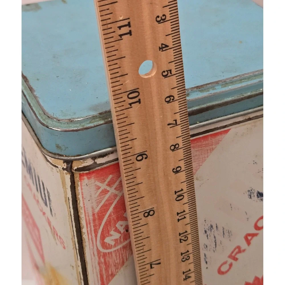 Vintage Nabisco Premium Saltine Crackers Tin Blue Lid 14oz Metal Advertising