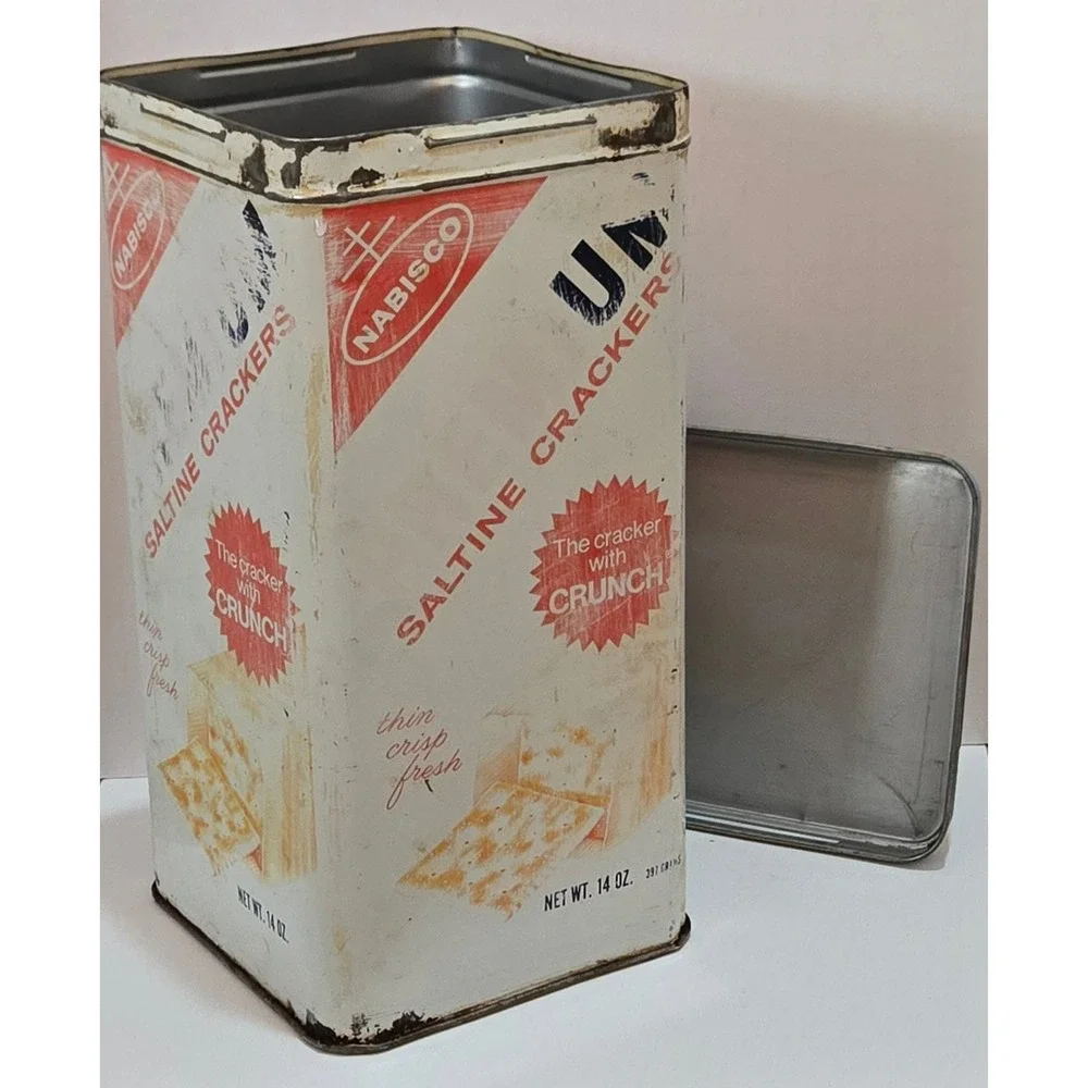 Vintage Nabisco Premium Saltine Crackers Tin Blue Lid 14oz Metal Advertising