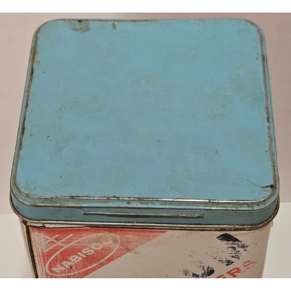 Vintage Nabisco Premium Saltine Crackers Tin Blue Lid 14oz Metal Advertising