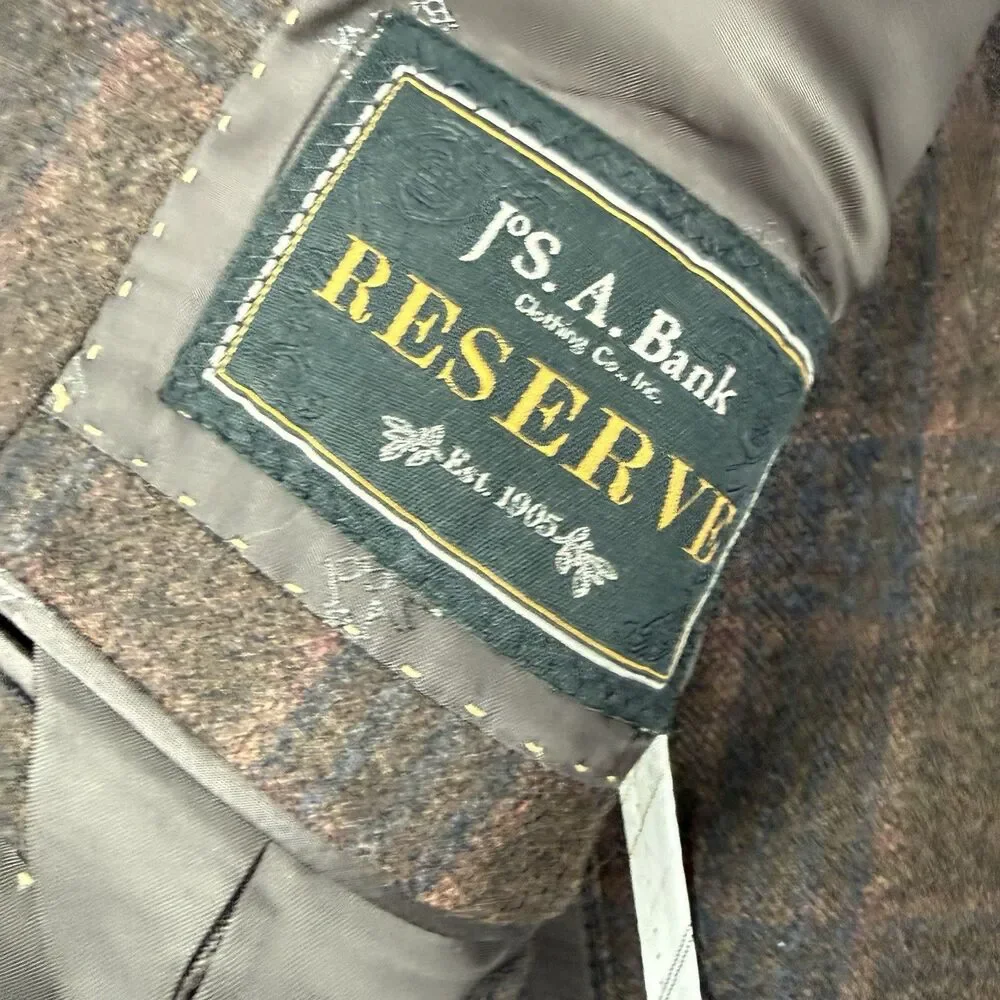 Jos A Bank Reserve Traditional Fit Blazer Jacket 46R Plaid E Thomas Cashmere