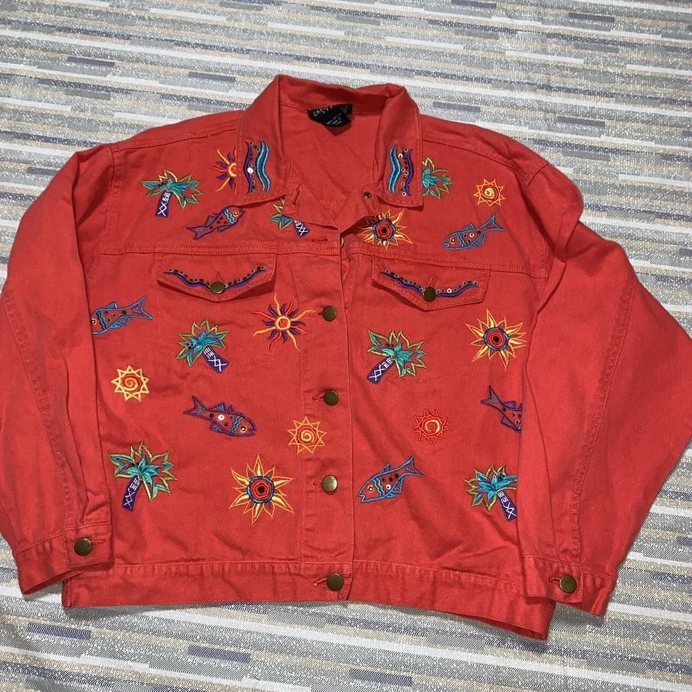 Carole Little Red Embroidered Tropical Jean Jacket Size 8