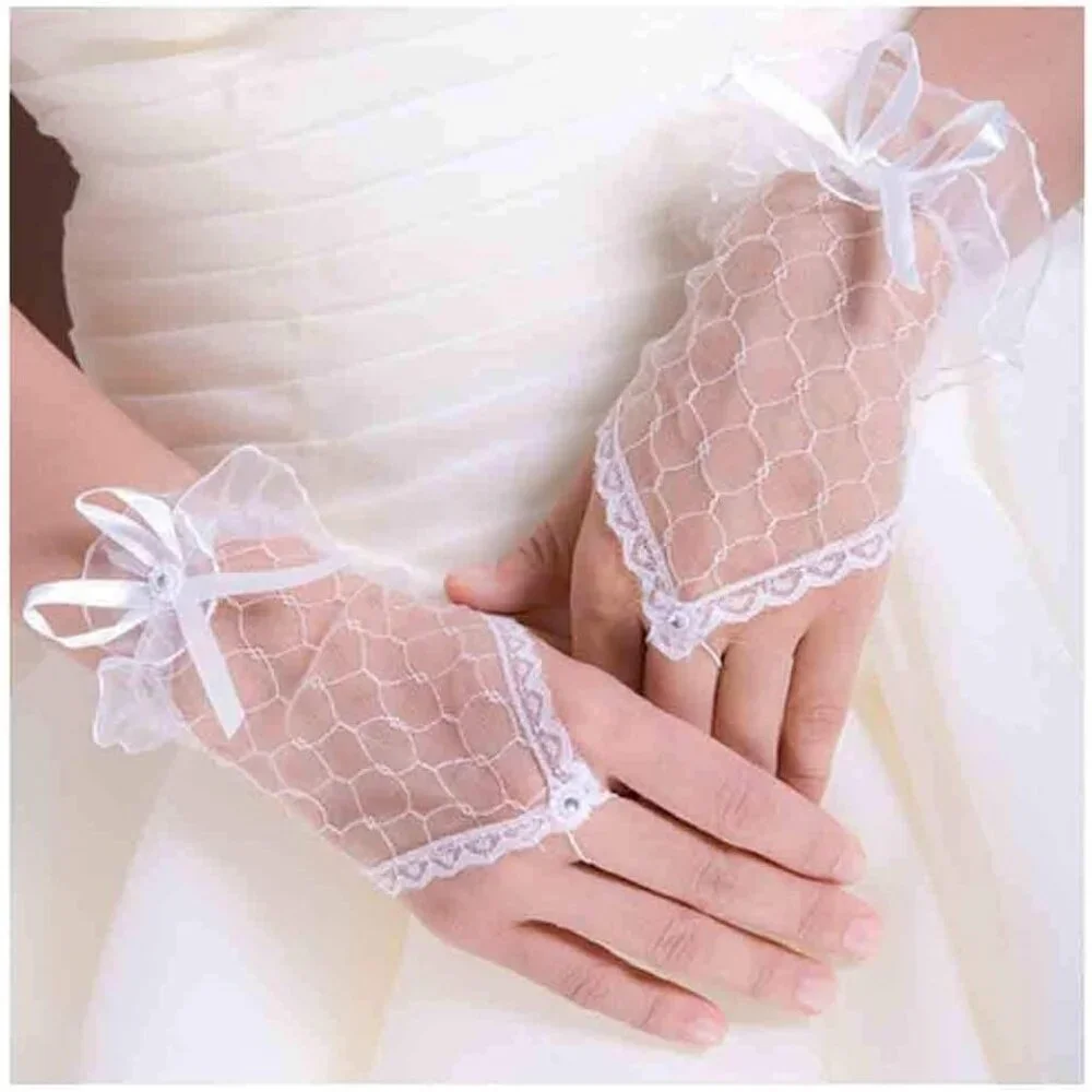 Women's Rhinestone White Bow Lace Gloves Fingerless Bridesmaids Accessories