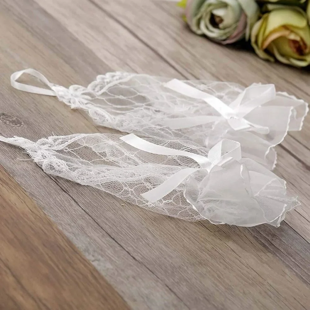 Women's Rhinestone White Bow Lace Gloves Fingerless Bridesmaids Accessories