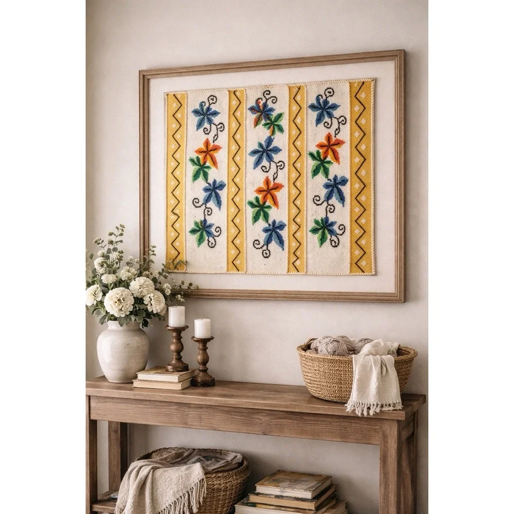 Vintage Hand Needlepoint Floral Afghan Cottagecore Farmhouse Wall Art 42x62