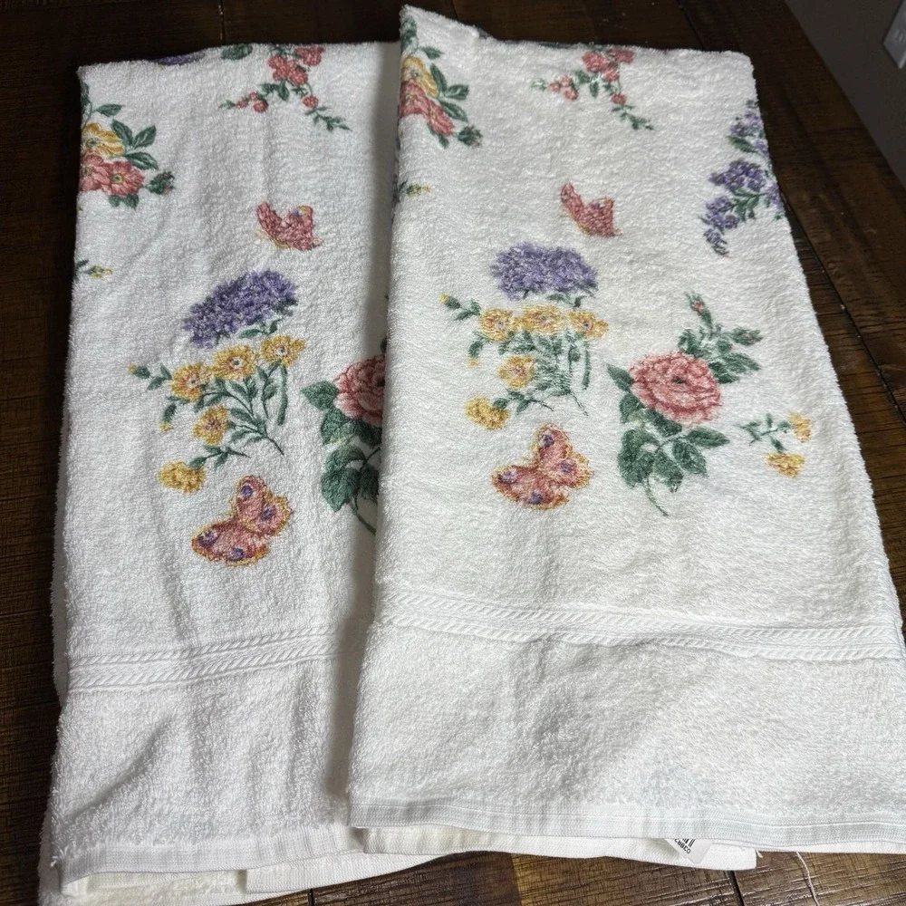 VTG NOS Fieldcrest Floral w/Butterflies 5 Piece Towel Set‎ USA Cotton Cottage