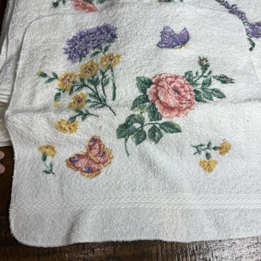 VTG NOS Fieldcrest Floral w/Butterflies 5 Piece Towel Set‎ USA Cotton Cottage
