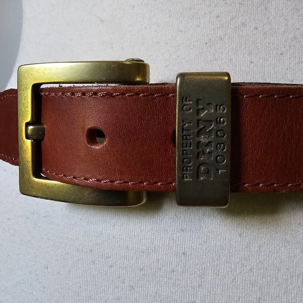 EUC VINTAGE DKNY 103065 BROWN GENUINE LEATHER BRAIDED STAMPED BRASS BELT L WMNS