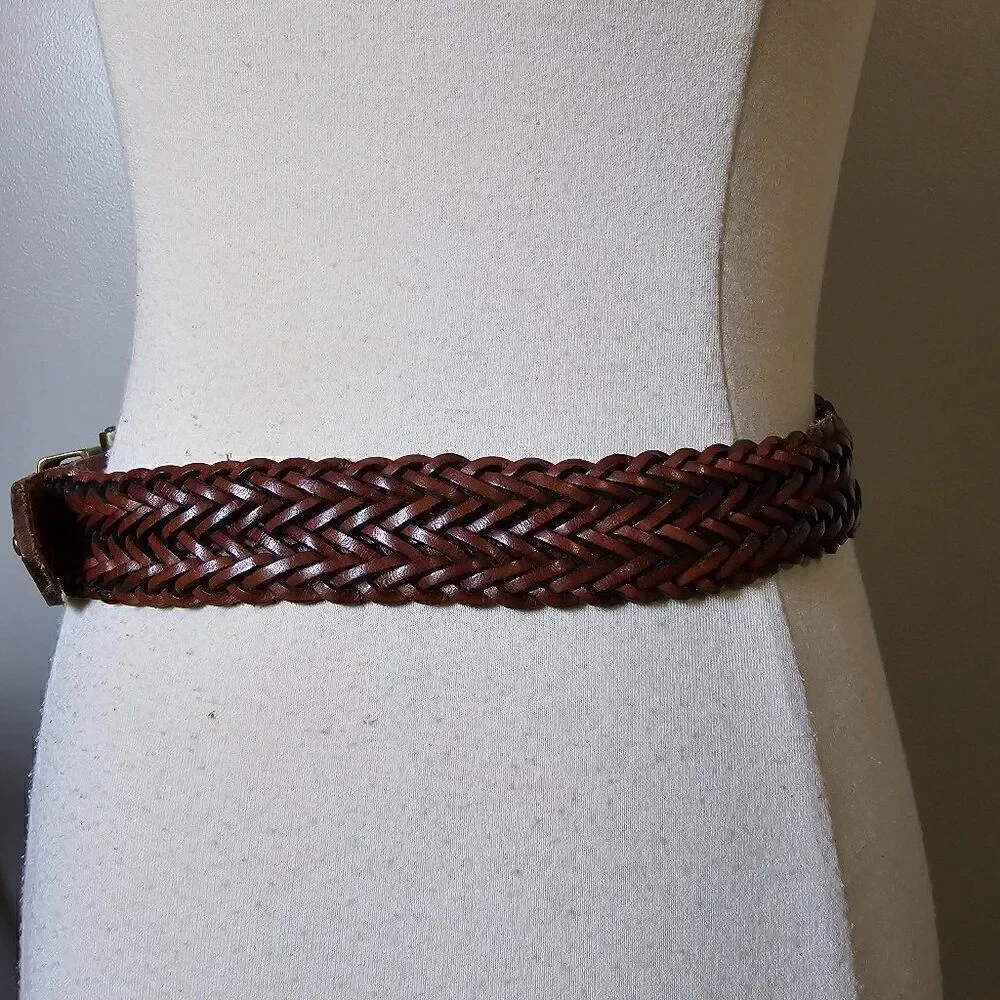 EUC VINTAGE DKNY 103065 BROWN GENUINE LEATHER BRAIDED STAMPED BRASS BELT L WMNS