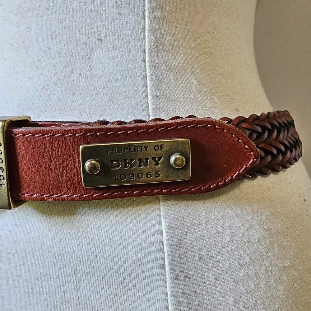 EUC VINTAGE DKNY 103065 BROWN GENUINE LEATHER BRAIDED STAMPED BRASS BELT L WMNS