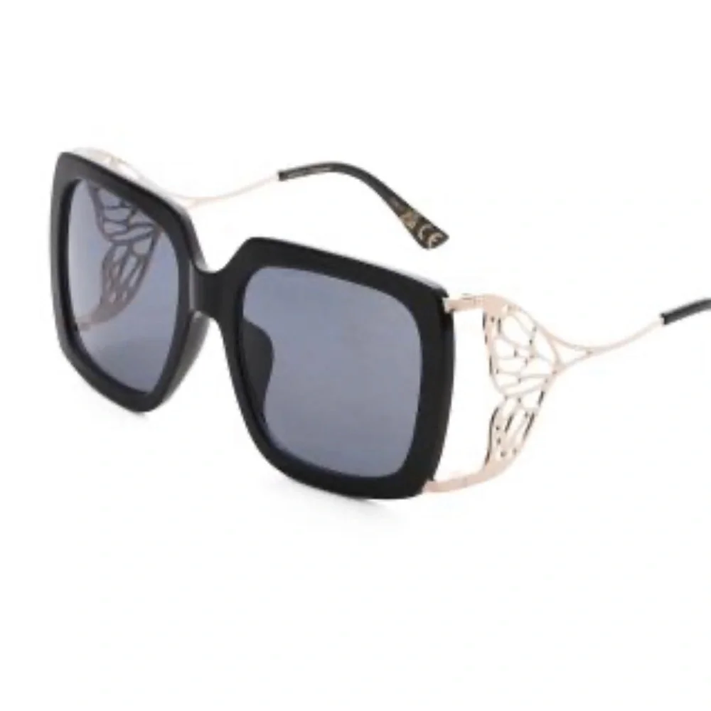 Betsey Johnson Black Oversized Square Sunglasses with Decorative Temples