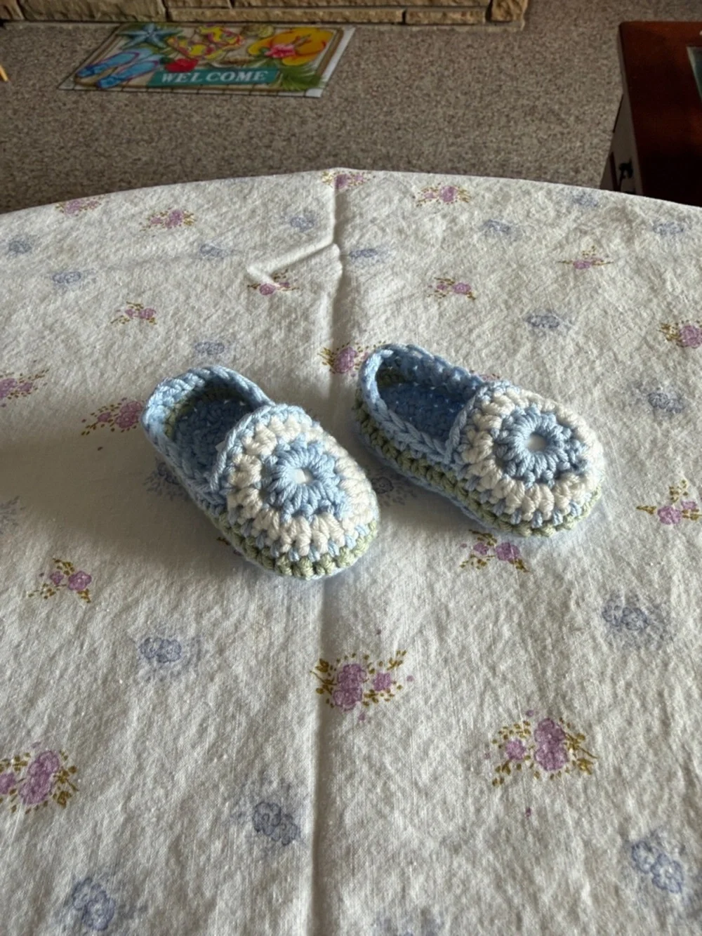 Handmade Baby Crochet Moccasins in Light Blue & White