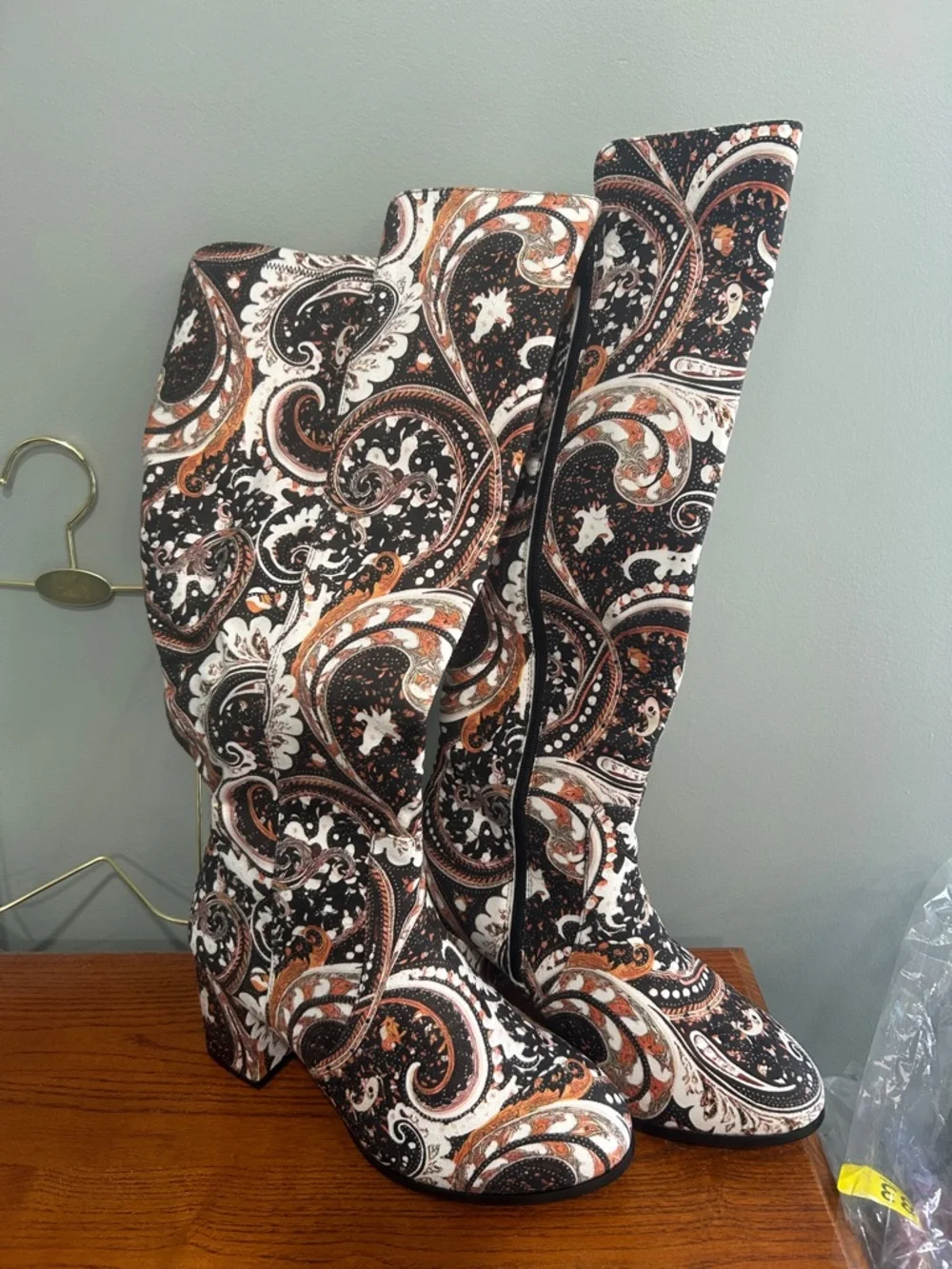 Over-the-Knee Paisley Print Boots in Black & Brown Ruiee Brand New never worn!!
