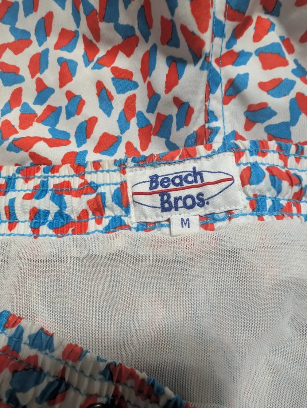 Beach Bros Lined Men's Printed Swim Trunks in White with Blue & Red Accents