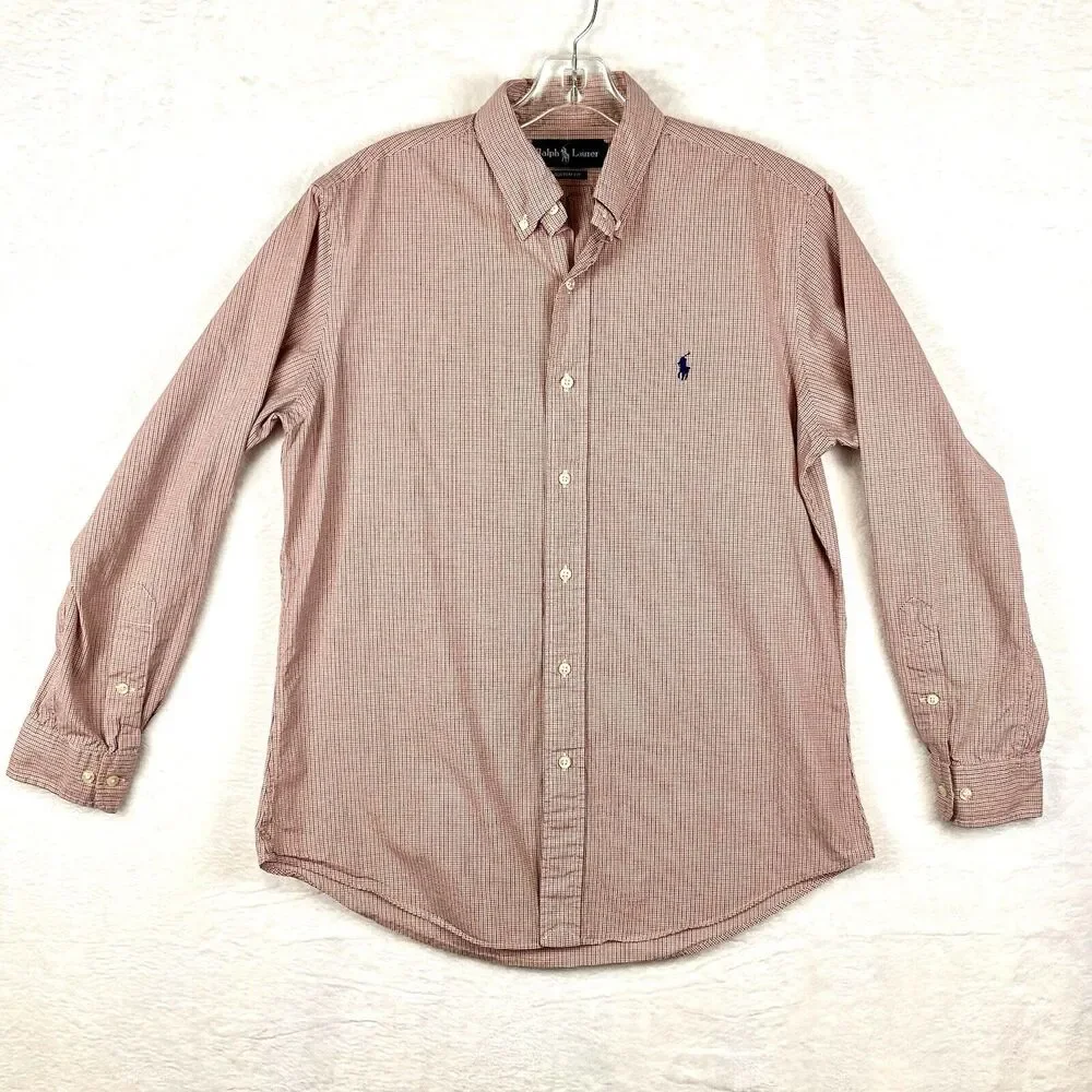 VTG Ralph Lauren Dress Shirt Men L 15.5 Red Blue Grid Micro Check Plaid Preppy