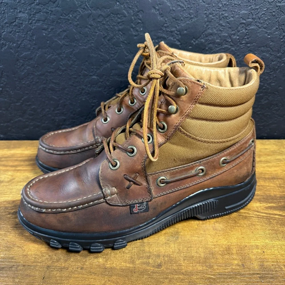 Justin 999 Brown Leather Canvas Moc Toe Work Boots Mens 10M